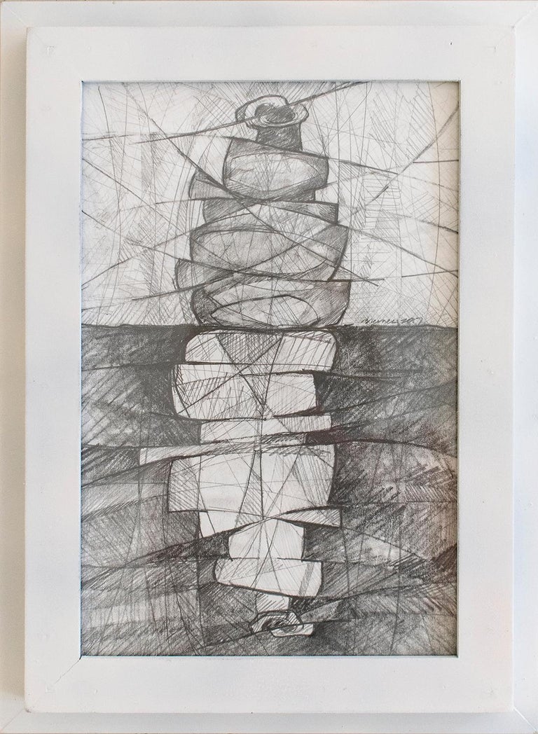 Morandi Origami G (Framed Abstract Graphite Drawing, Mid-Century Modern Style) - Art by David Dew Bruner