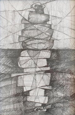 Morandi Origami G (Framed Abstract Graphite Drawing, Mid-Century Modern Style)