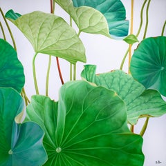 Lotus 27: Photo-realist Still Life Painting of Green Leaves on Light Grey 