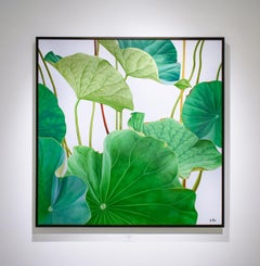 Lotus 27: Photo-realist Still Life Painting of Green Leaves on Light Grey