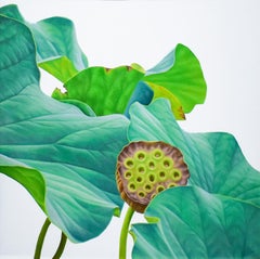 Lotus 23: Photo-realist Still Life Painting of Green Leaves on Light Grey