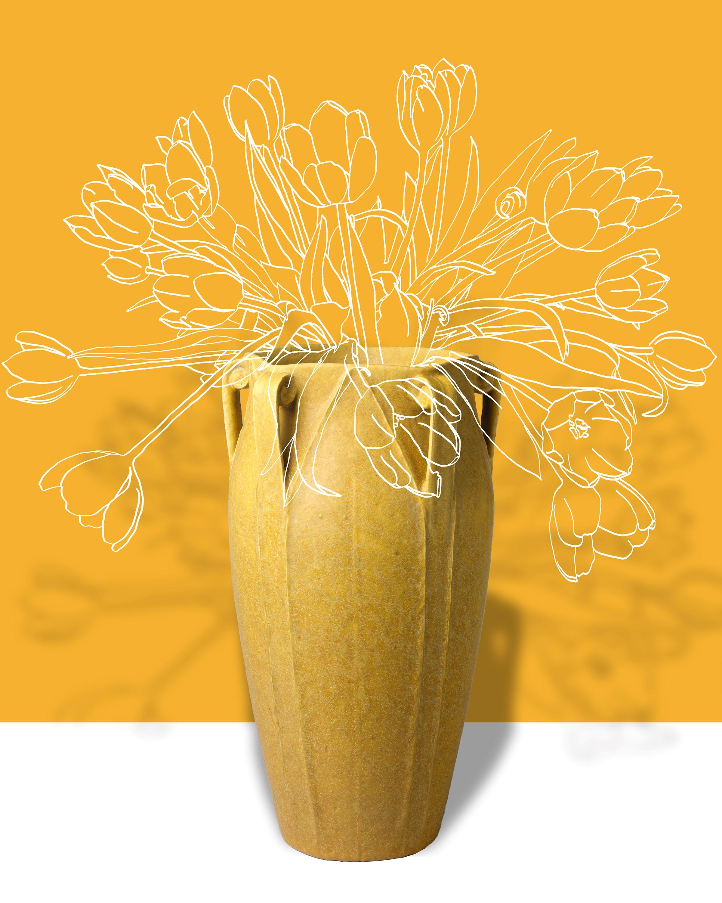 Bryan Meador Still-Life Photograph - Saffron 1899: Pop Abstract Flower Still Life of Antique Vase Yellow Background