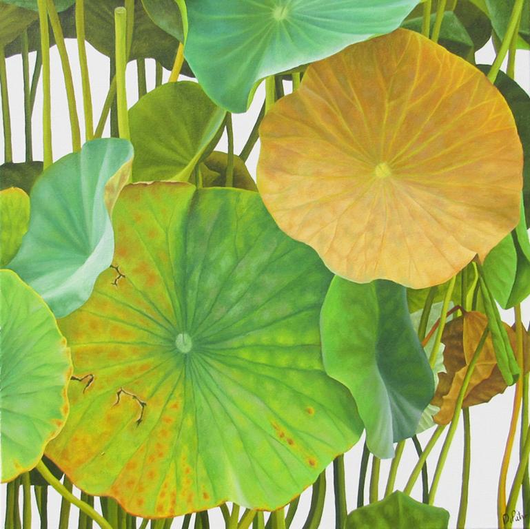 Frank DePietro Still-Life Painting - Lotus Number Twenty-Four: Realist Still Life Painting of Green Lotus Plants