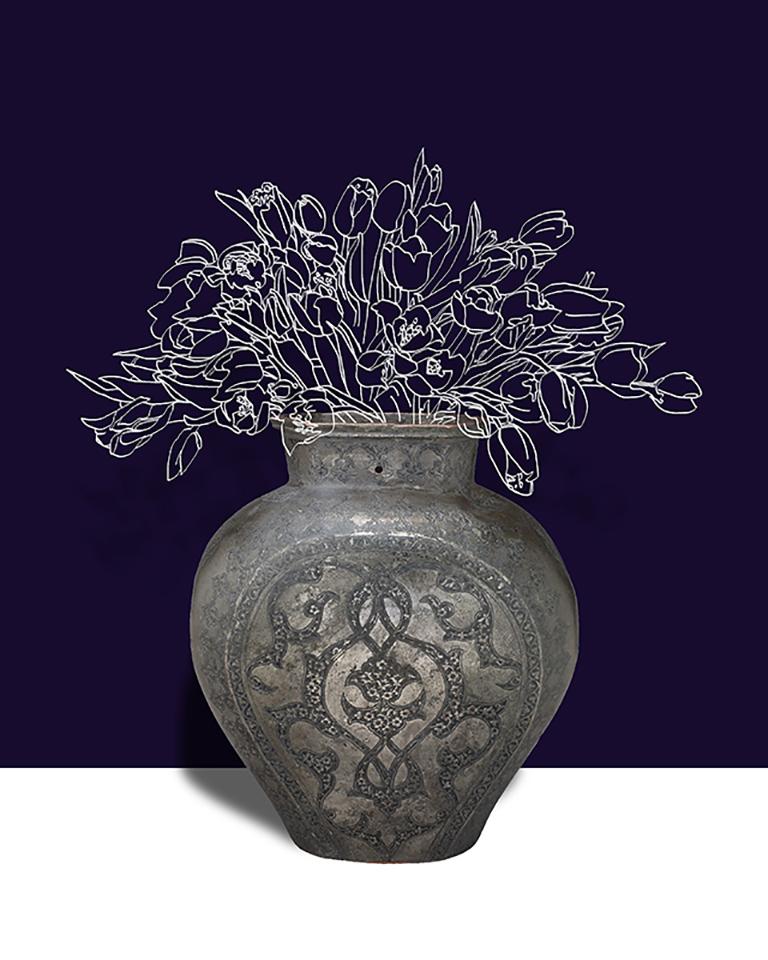 Bryan Meador Color Photograph - Tolopea (Abstracted Flower Still Life Photograph Antique Vase on Dark Blue)