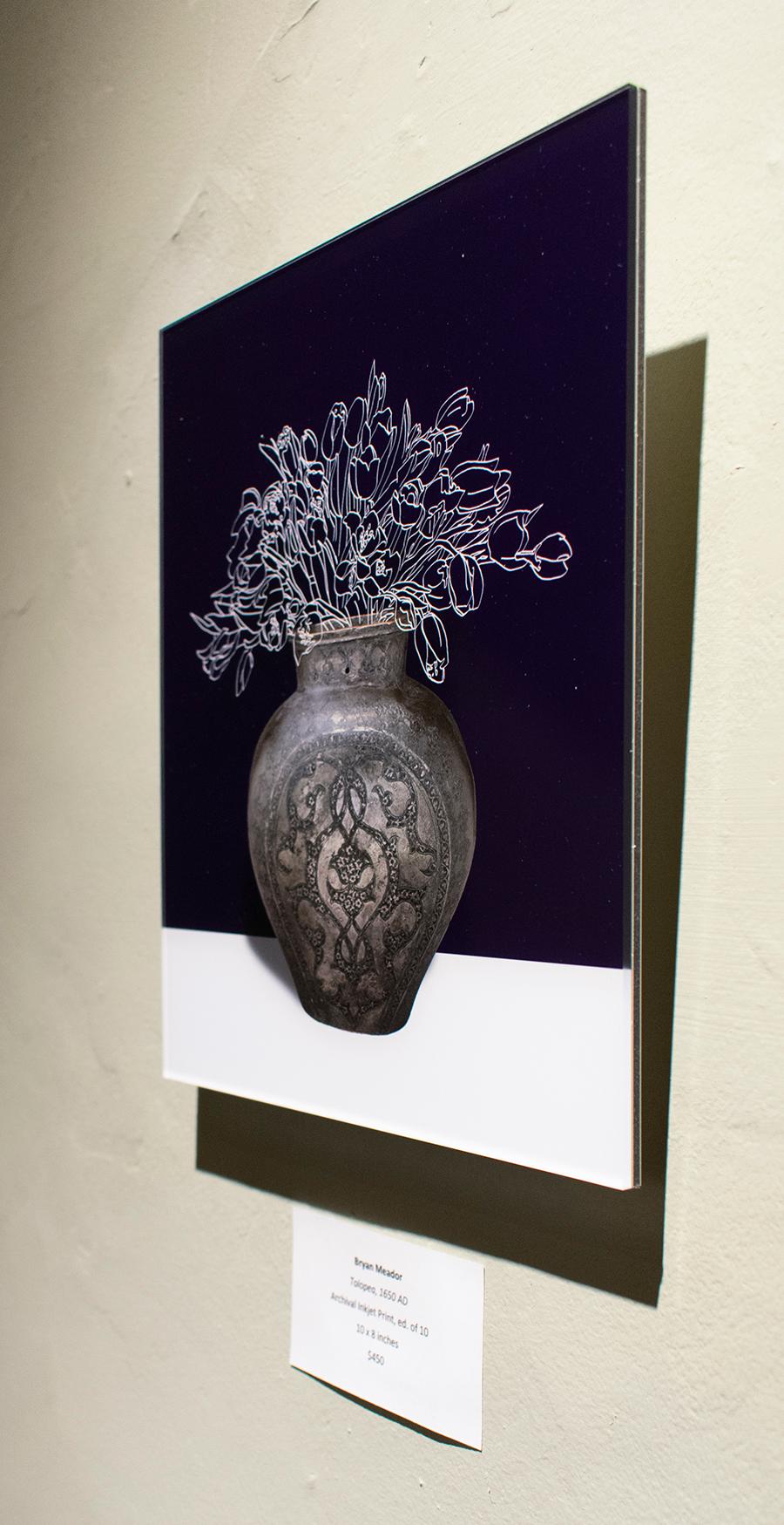 Tolopea (Abstracted Flower Still Life Photograph Antique Vase on Dark Blue) - Black Color Photograph by Bryan Meador