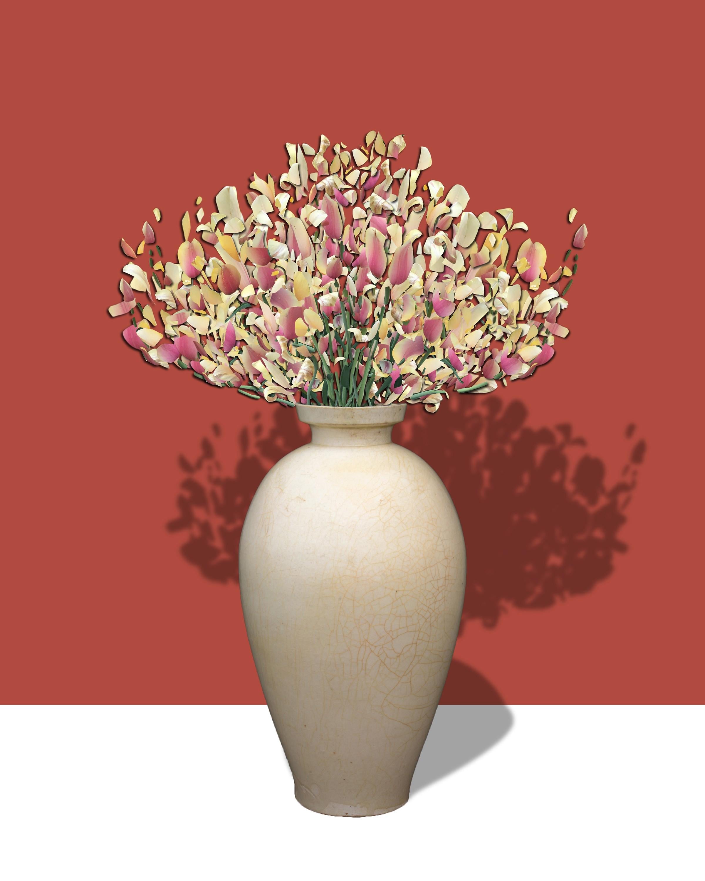 Bryan Meador Color Photograph - Contessa 1000 AD: Abstract Flower Still Life of Antique Vase on Coral Background