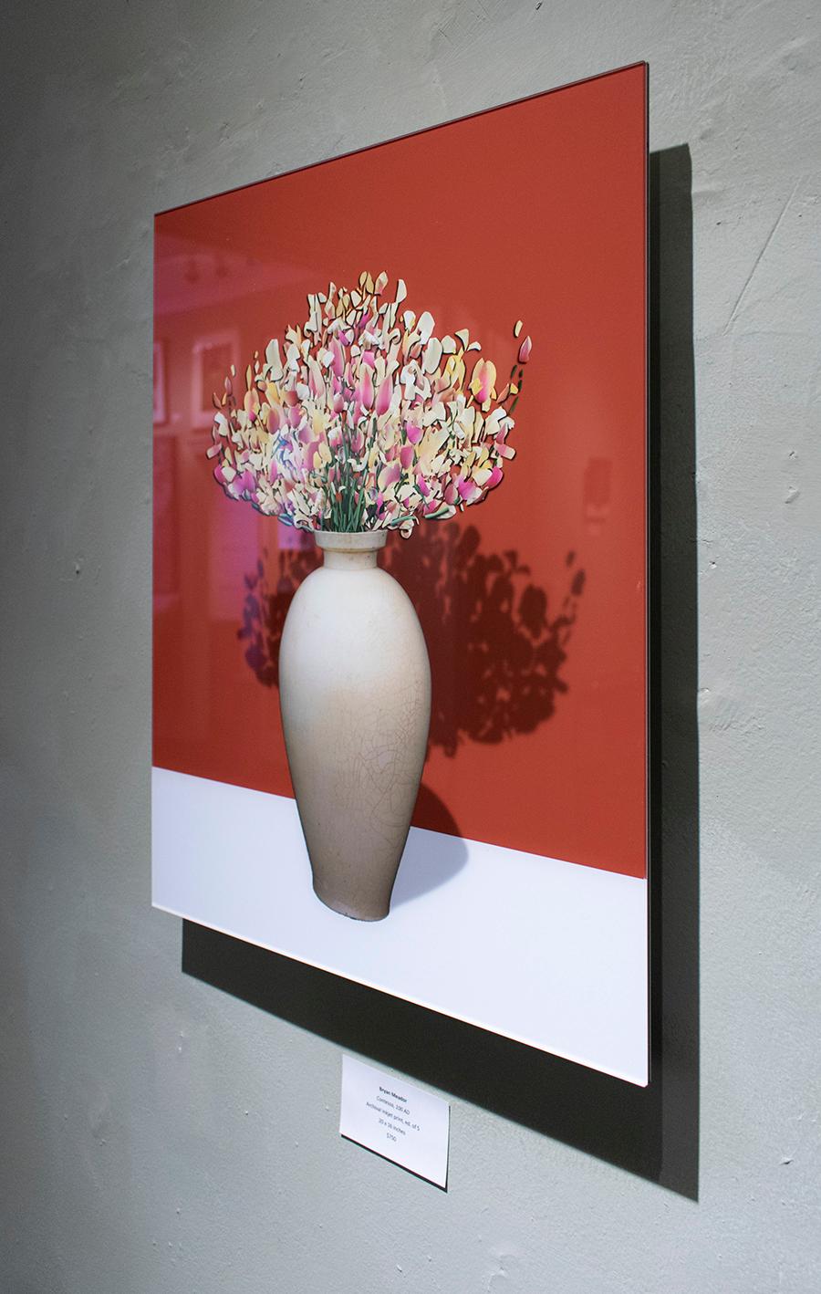 Contessa 1000 AD: Abstract Flower Still Life of Antique Vase on Coral Background - Photograph by Bryan Meador