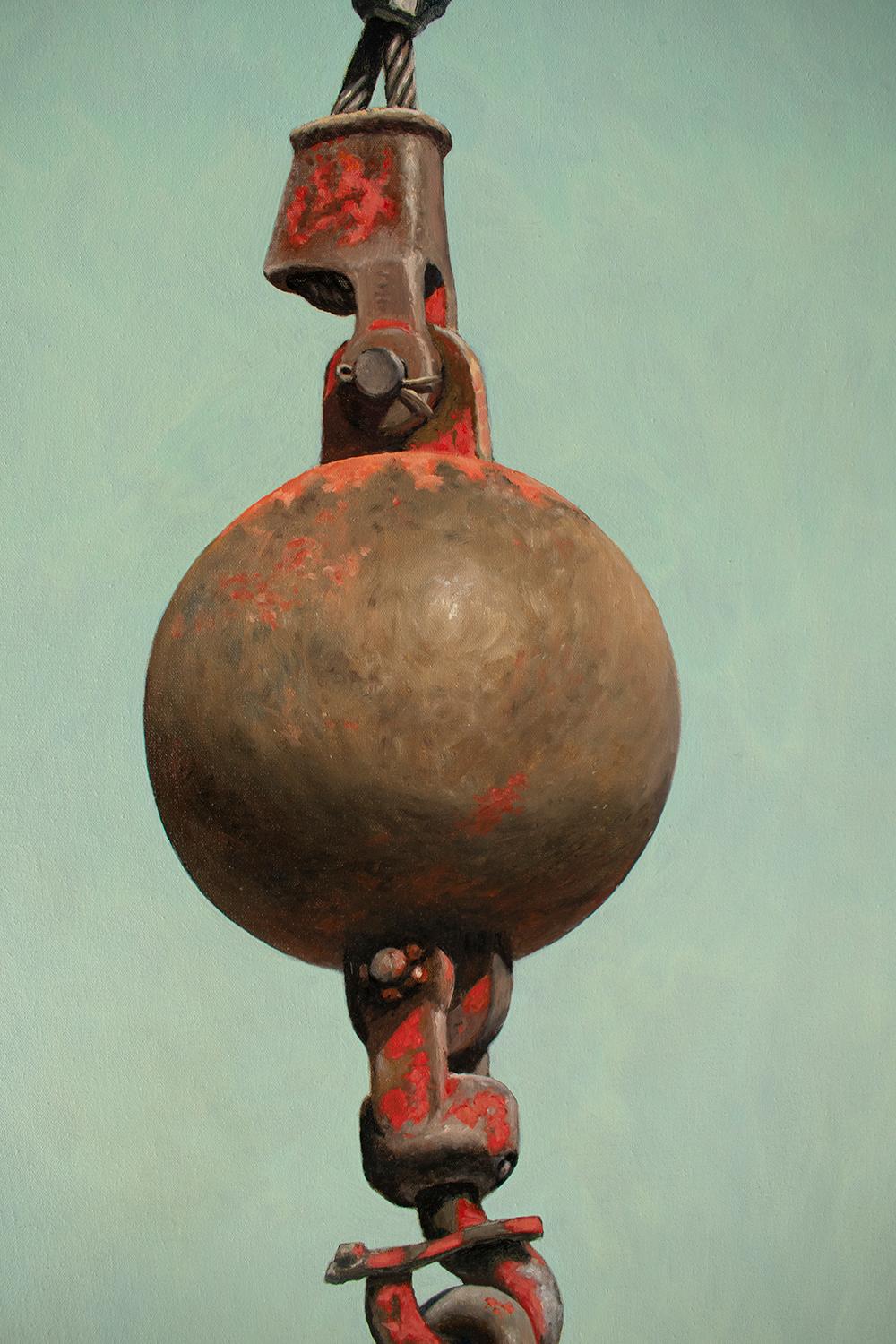 Grulla 2 (Gran pintura al óleo fotorrealista de una grulla roja y amarilla sobre azul) - Painting de Joseph E. Richards