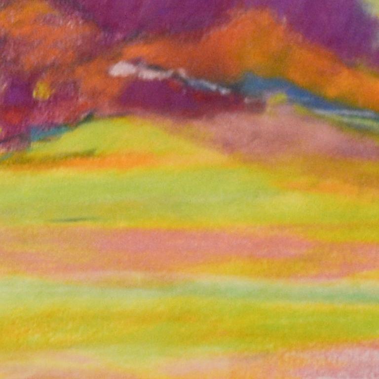 Orange Flash: Abstract Landscape Pastel of Magenta Forest & Yellow Field - Beige Landscape Art by Nancy Rutter