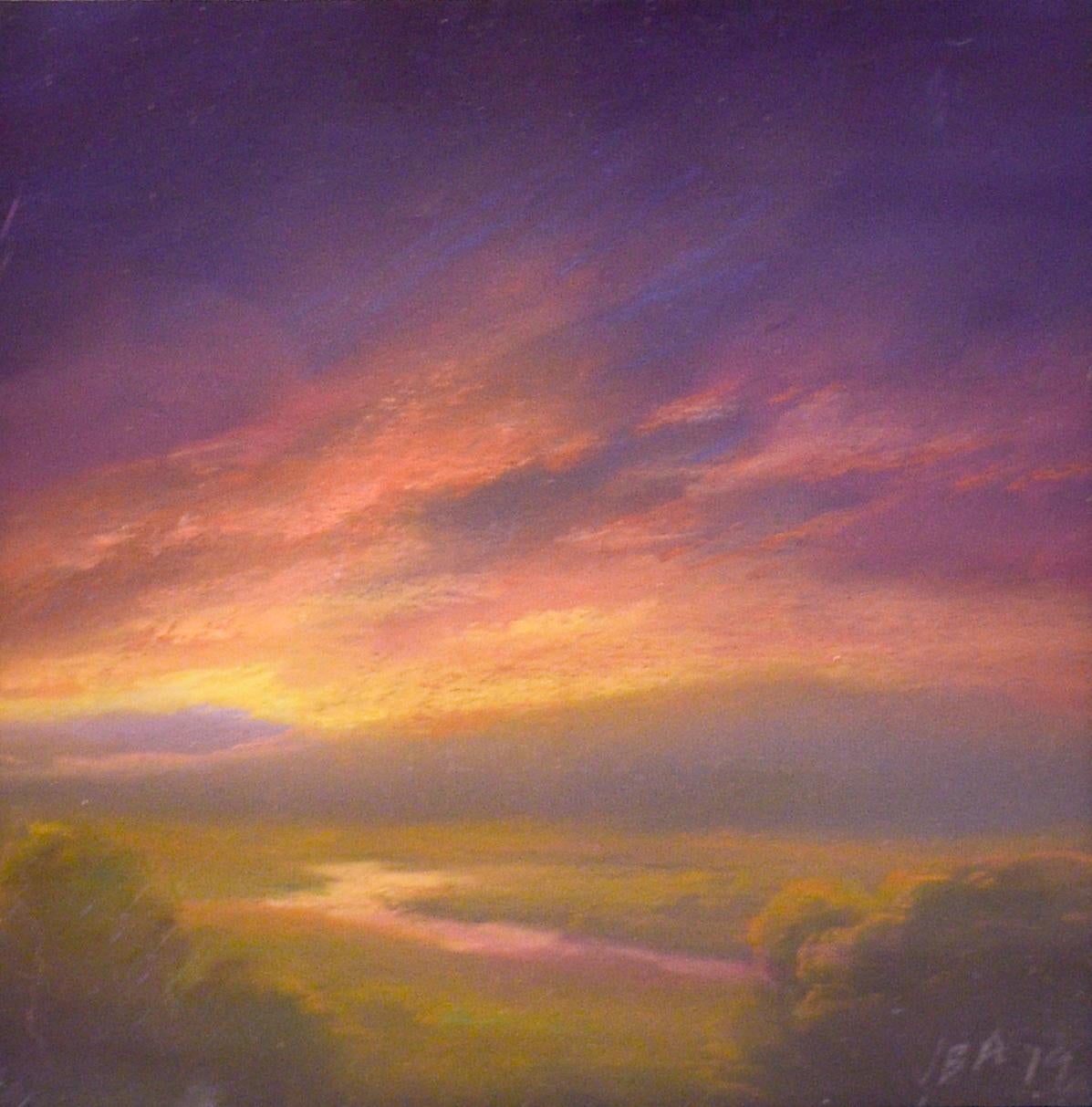 Jane Bloodgood-Abrams Landscape Art - Creek in the Catskills Sunset (Small Landscape Pastel Drawing by Jane Bloodgood)