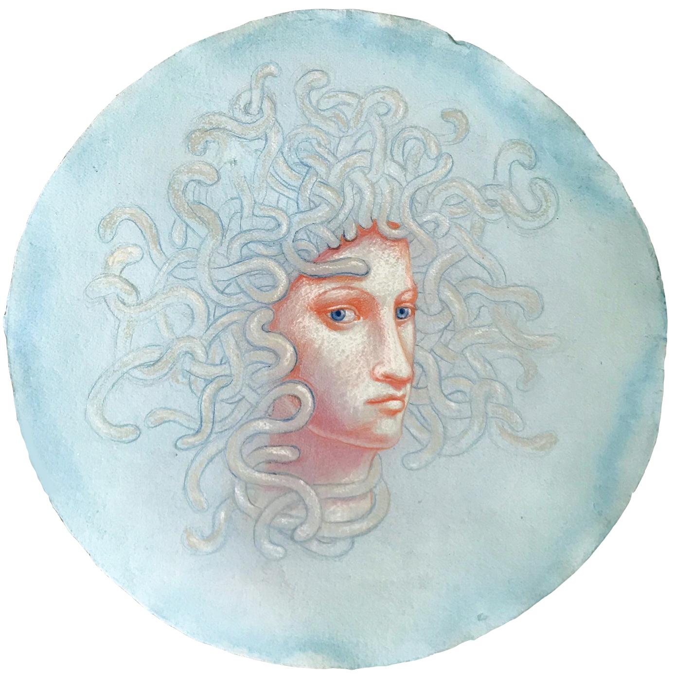 Medusa Augury (Round Portrait Drawing in Blue Pastel by Kahn & Selesnick)