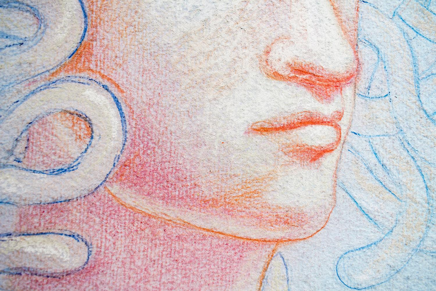 Medusa Augury (Rundporträtzeichnung in blauem Pastell von Kahn & Selesnick) (Zeitgenössisch), Art, von Nicholas Kahn & Richard Selesnick