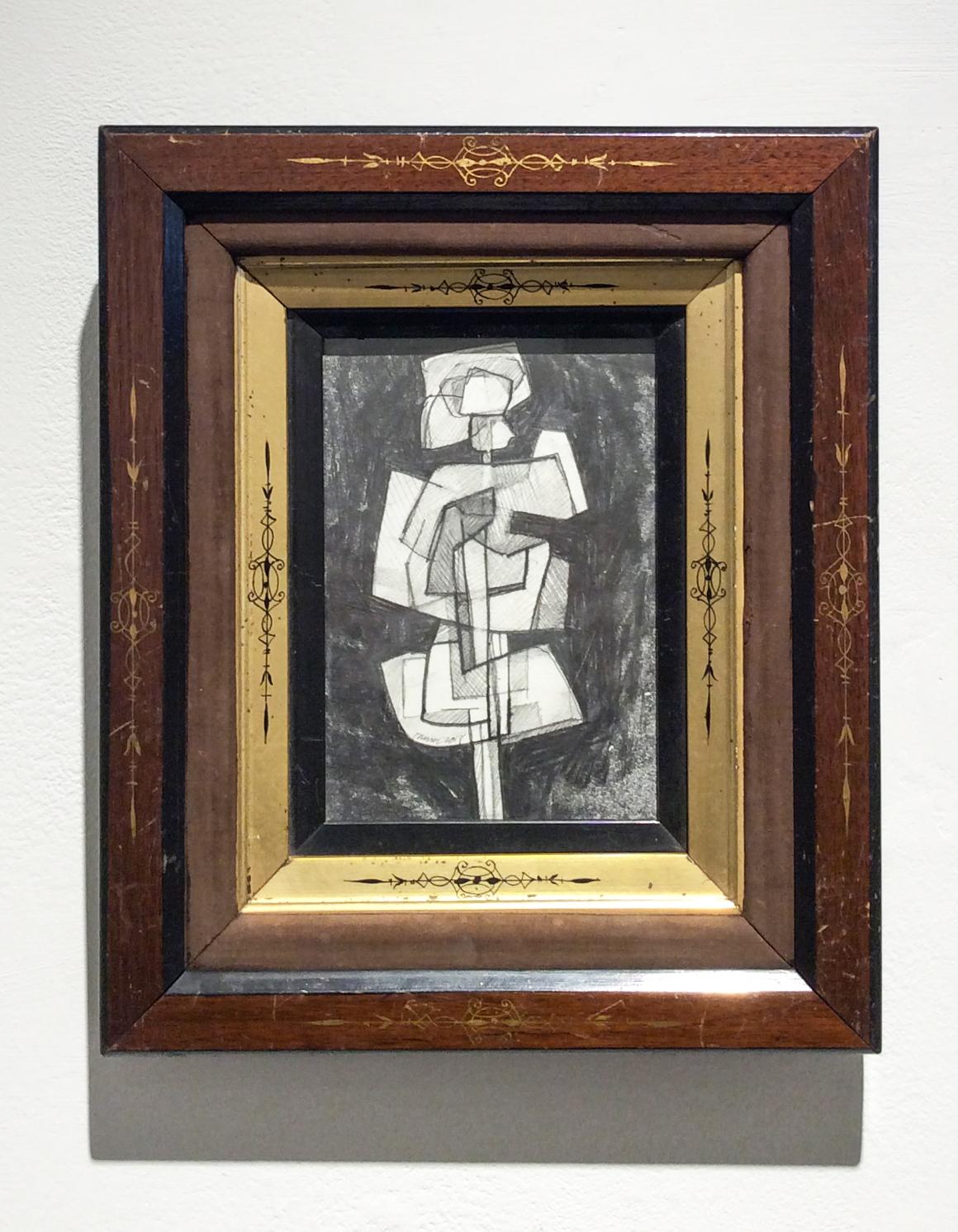 Infanta XLIII (Small Abstract Cubist Graphite Drawing in Vintage Eastlake Frame) - Art by David Dew Bruner
