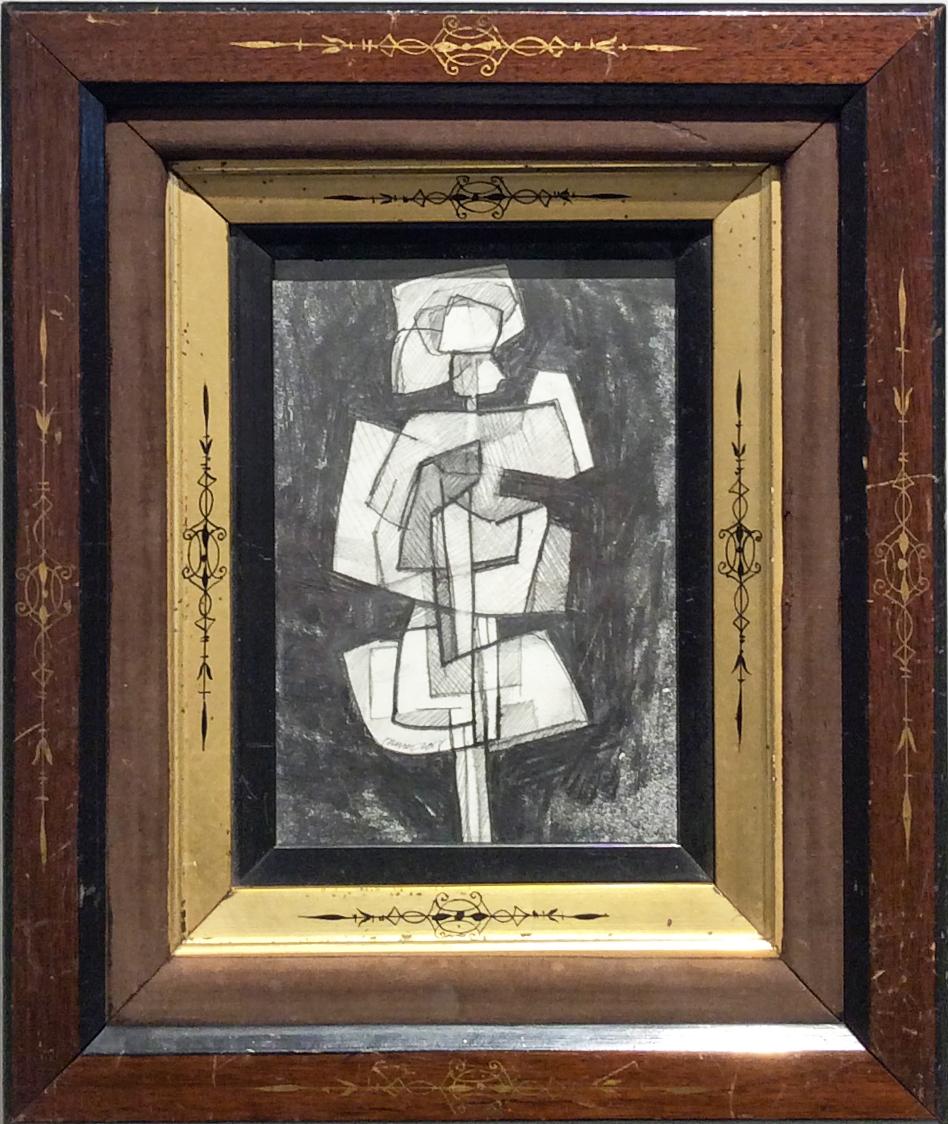 David Dew Bruner Figurative Art - Infanta XLIII (Small Abstract Cubist Graphite Drawing in Vintage Eastlake Frame)