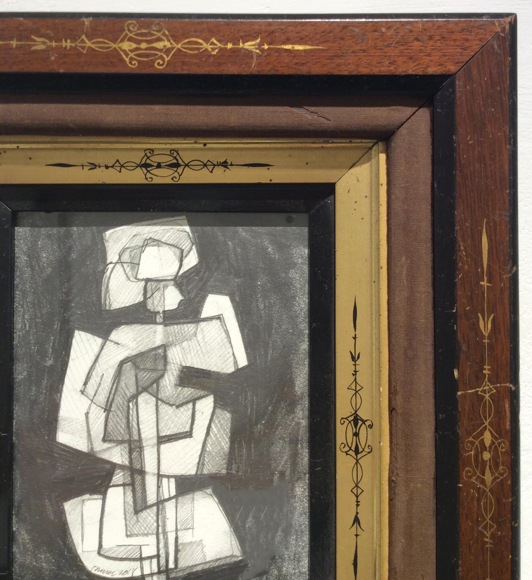 Infanta XLIII (Small Abstract Cubist Graphite Drawing in Vintage Eastlake Frame) - Contemporary Art by David Dew Bruner