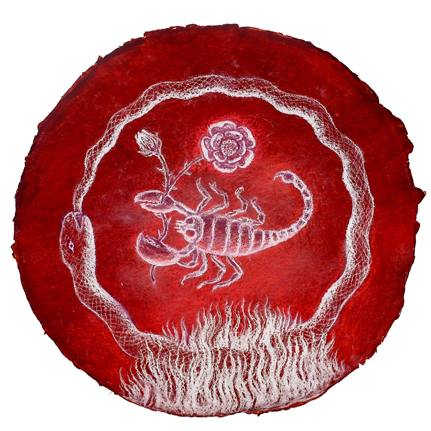 Nicholas Kahn & Richard Selesnick Animal Painting - Scorpio Augury: Round Astrological Drawing on Handmade Paper by Kahn & Selesnick