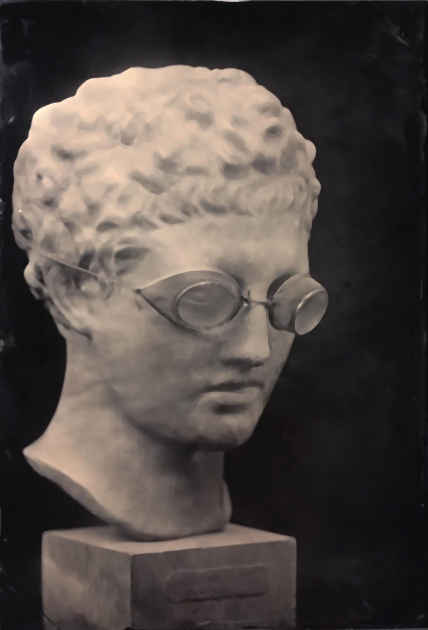 David Sokosh Figurative Photograph - Hermes with Goggles On (Tin Type Triptych of Statue, Vintage Victorian Frame)