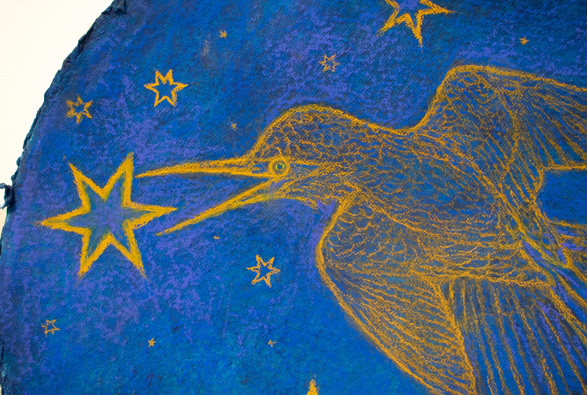 Hummingbird Augury: Cobalt Blue Pastel Drawing on Handmade Paper w/ Gold Stars - Painting by Nicholas Kahn & Richard Selesnick
