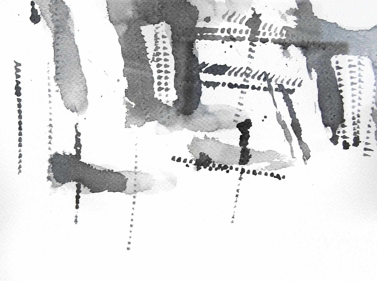 Dessin abstrait gestuel minimaliste sur papier à l'encre noire
