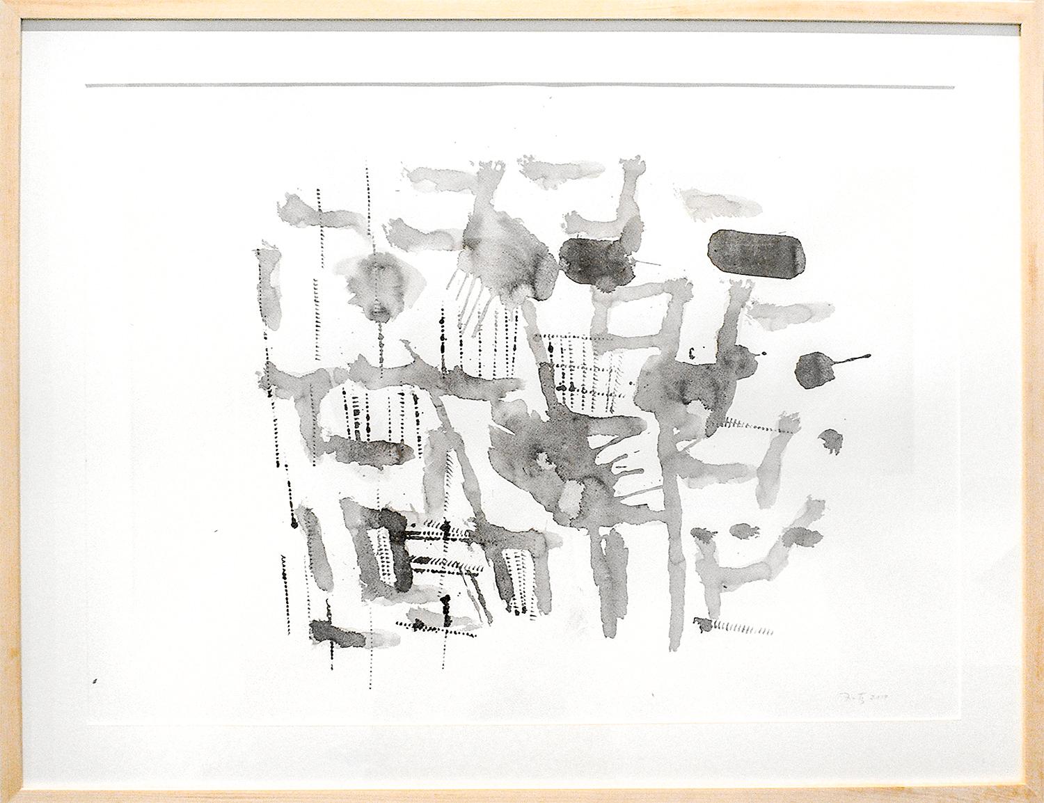 Energie Clearing-Zeichnung Nr. 1: gerahmte, abstrakte, gestische Zeichnung, schwarze Tinte auf Papier (Schwarz), Abstract Painting, von Jeanette Fintz
