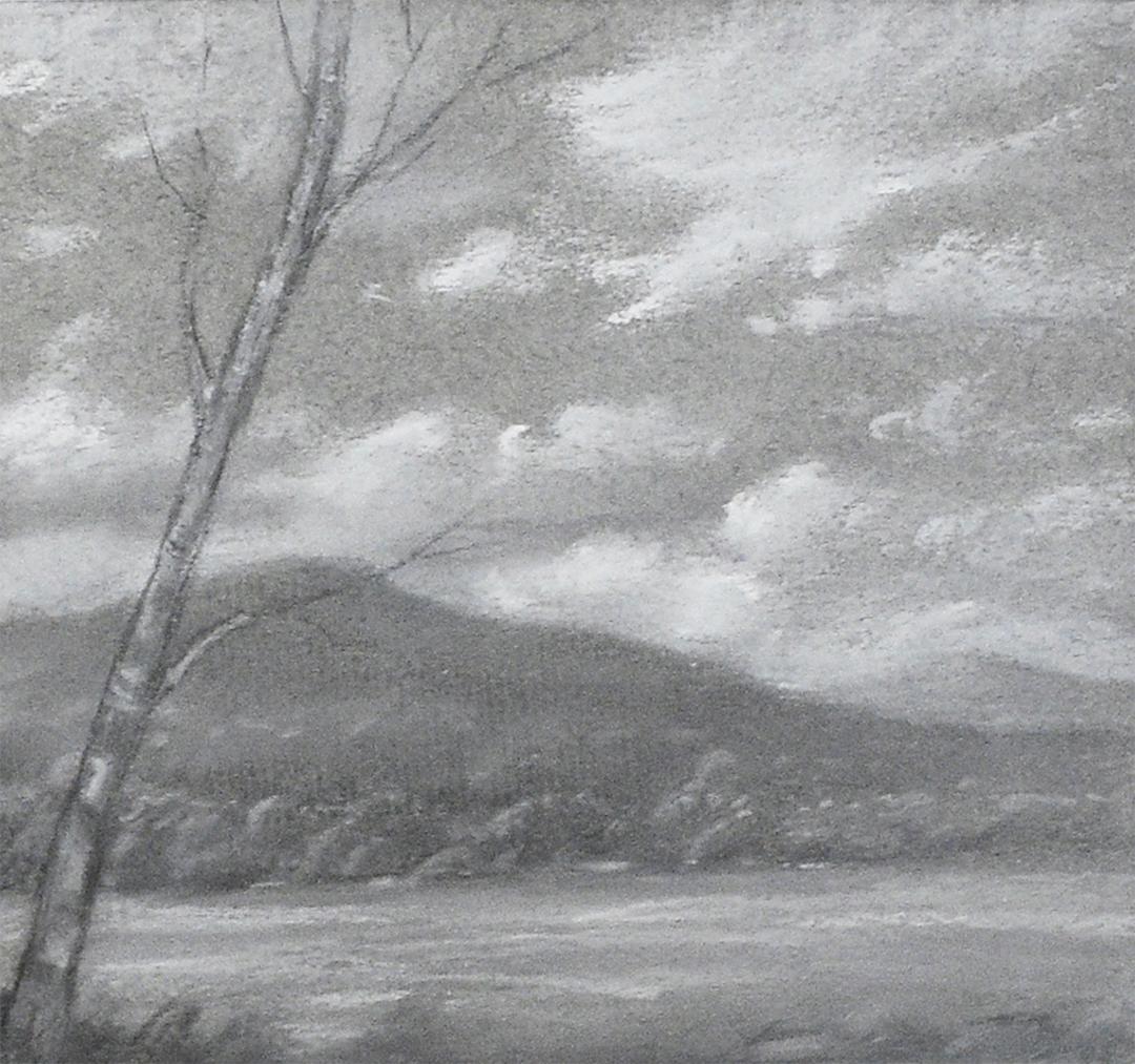 Landscape Painting Jane Bloodgood-Abrams - Vignette de la rivière Hudson ( Drawing of Mountains & River - Paysage noir et blanc de montagnes et de rivières)