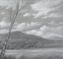 Hudson River Vignette (Black & White Landscape Drawing of Mountains & River)