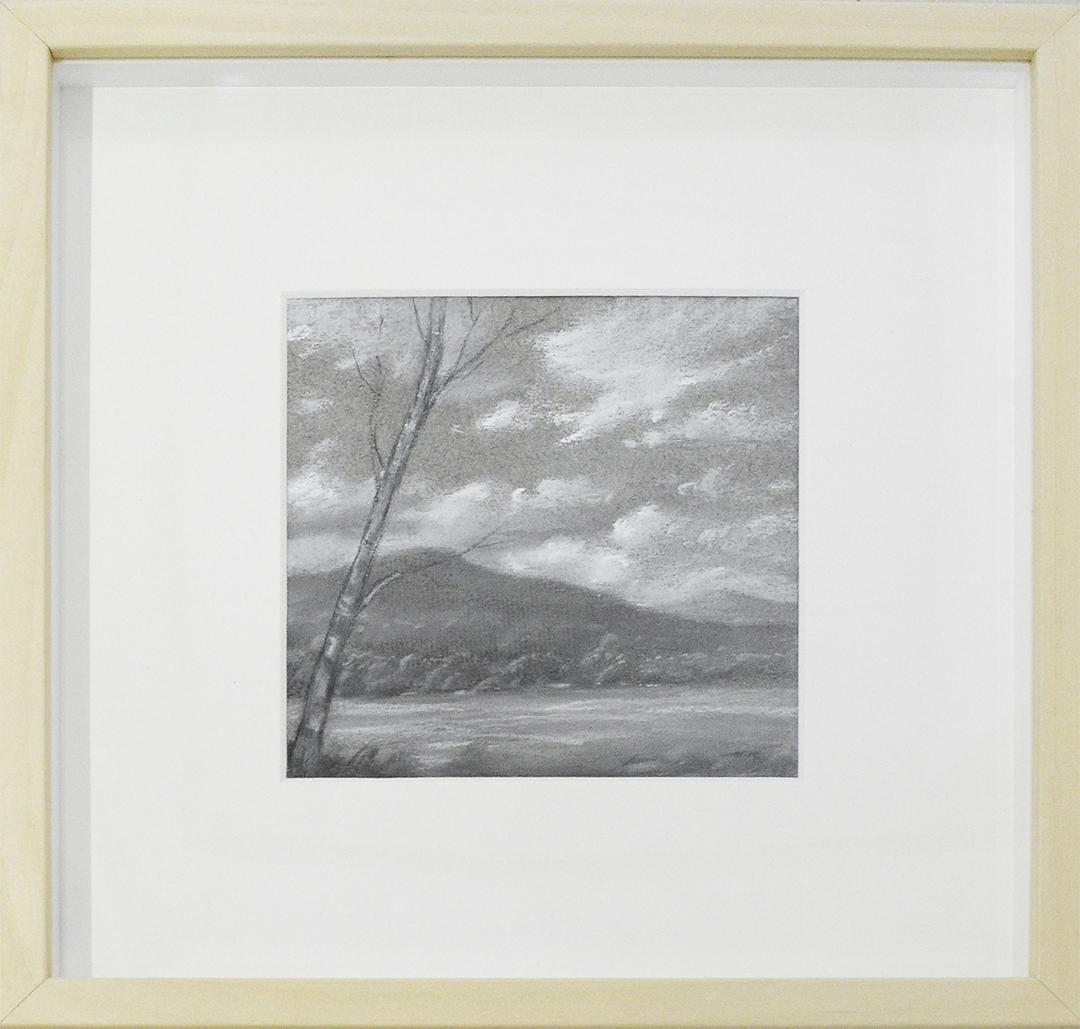 Hudson River Vignette (Black & White Landscape Drawing of Mountains & River) - Painting by Jane Bloodgood-Abrams