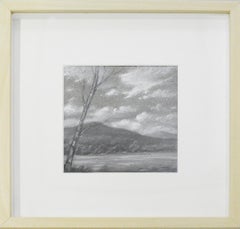 Hudson River Vignette (Black & White Landscape Drawing of Mountains & River)