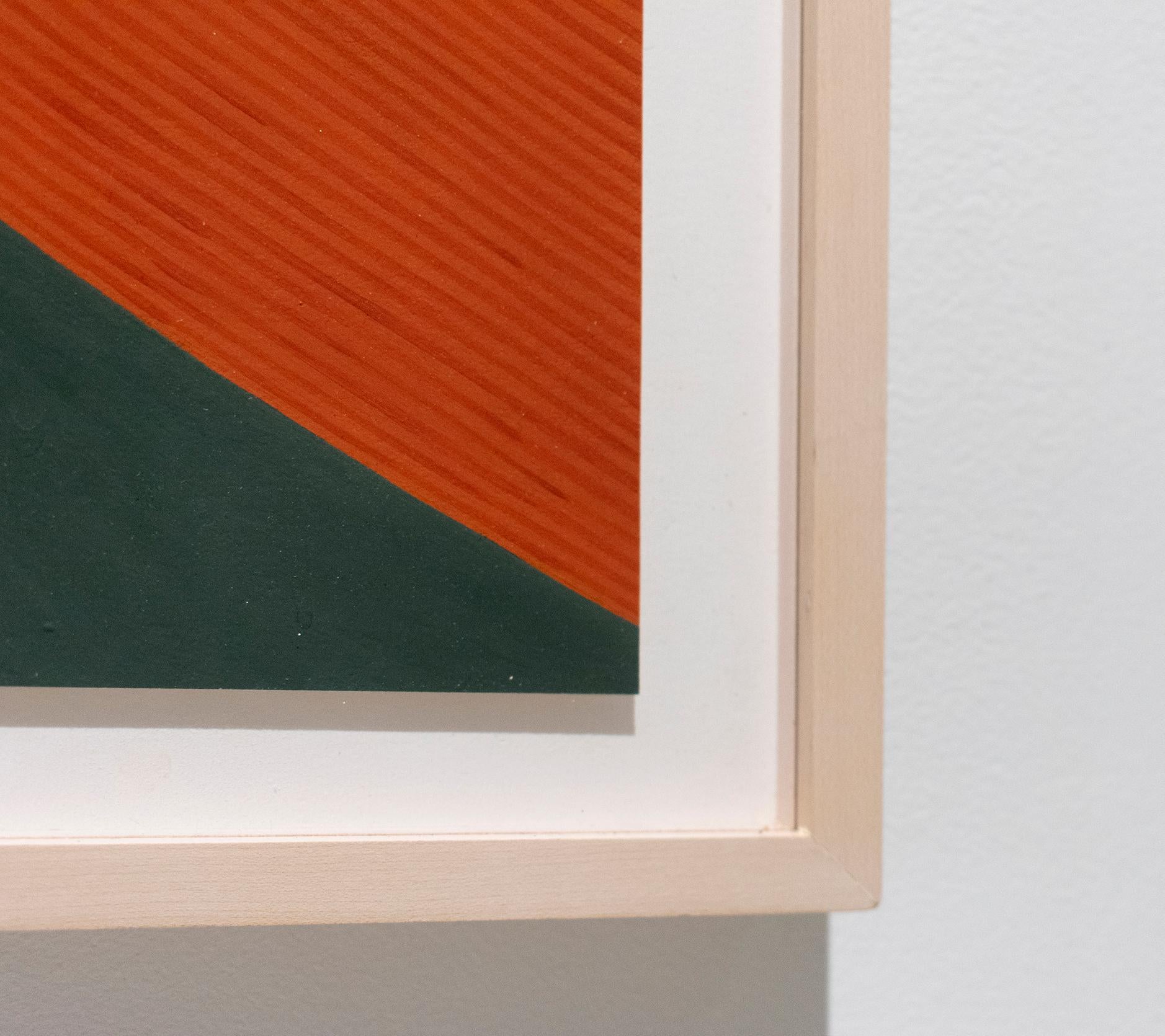 Graphic abstract painting on paper in in complementary hues of red-orange, dark teal and light green 
