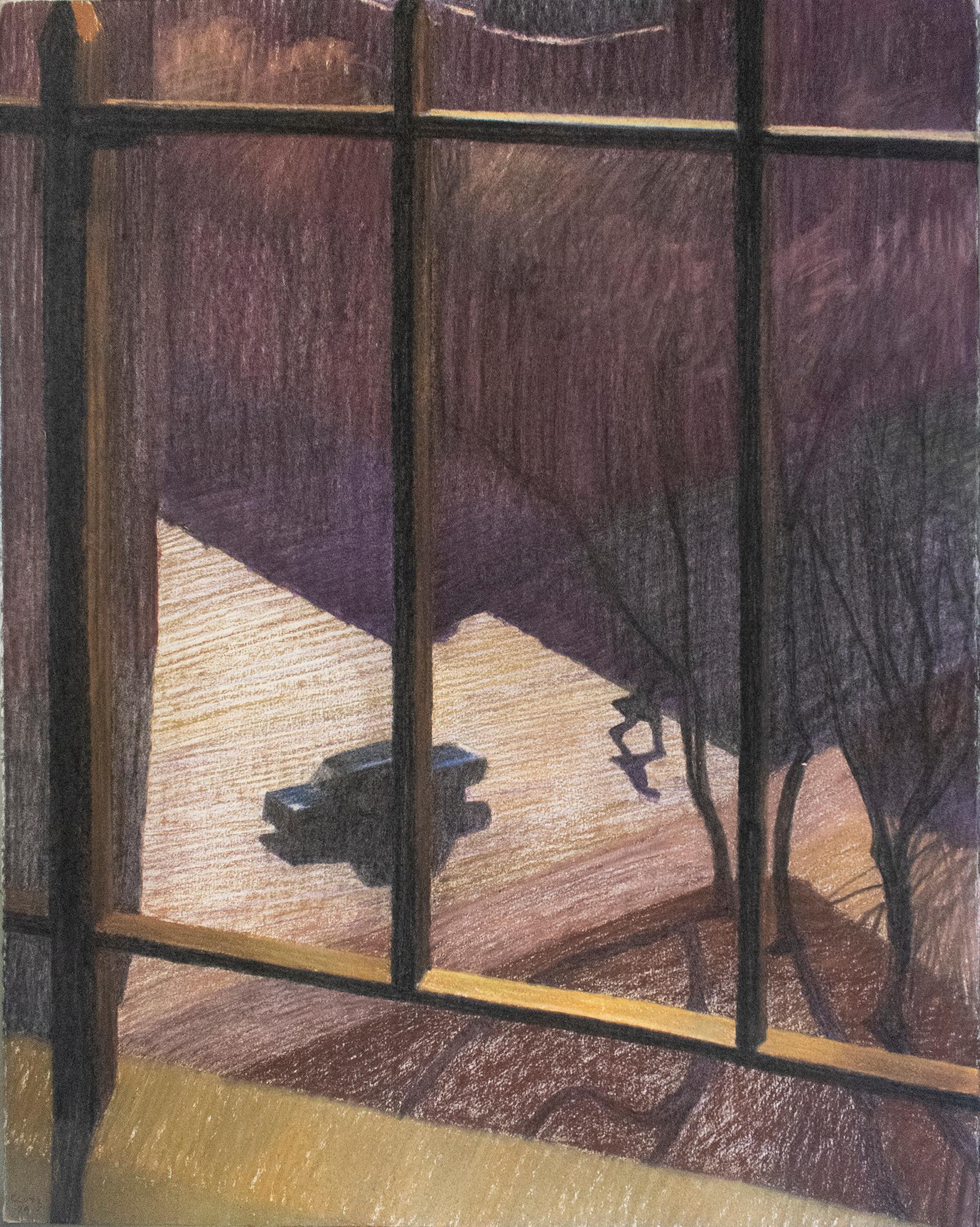 Looking Down Morning Side
Yellow, Brown, and Burgundy Figurative Pastel of View of New York City Street from Window
Created by William Clutz in 1978
28" X 22 1/2" inch pastel on paper
31 x 25.5 inches in light wood frame

This framed pastel on paper