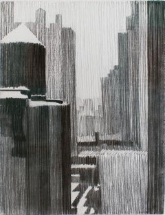 Vintage Out the Window 9th Floor (Black and White Pastel NYC Drawing) by William Clutz