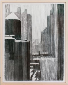 Out the Window 9th Floor (Schwarz-Weiß-Pastell-NYC-Zeichnung) von William Clutz