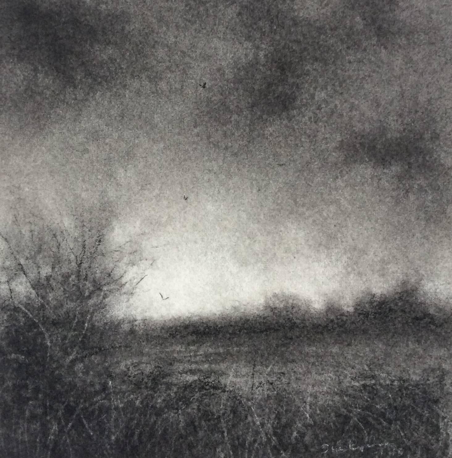 Sue Bryan Landscape Art - Edgeland XV (Miniature Realistic Landscape Drawing in Black Charcoal, Framed)