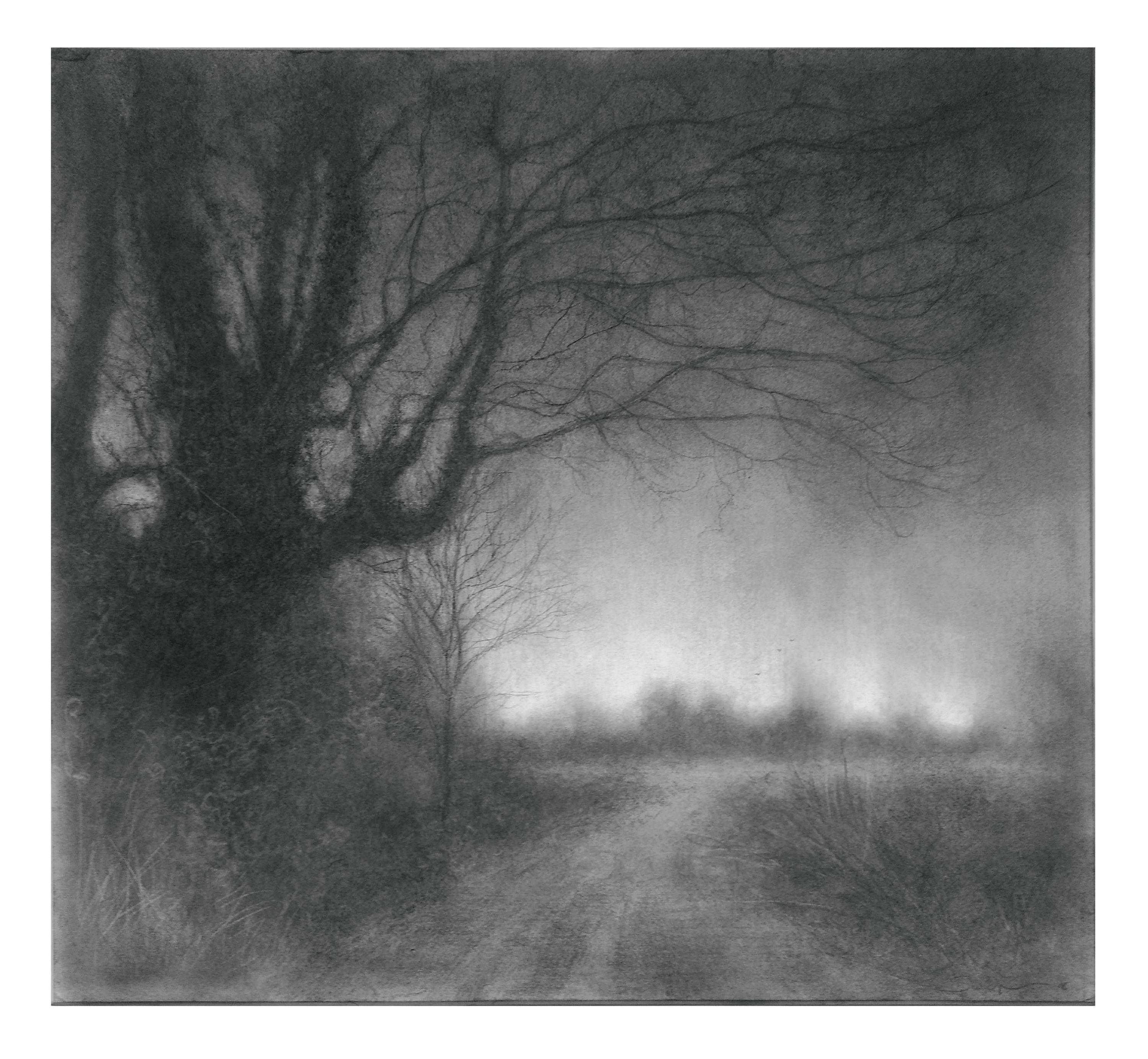 Sue Bryan Landscape Painting - And the Rain Coming Down (Moody Charcoal Landscape Drawing of Country Road)