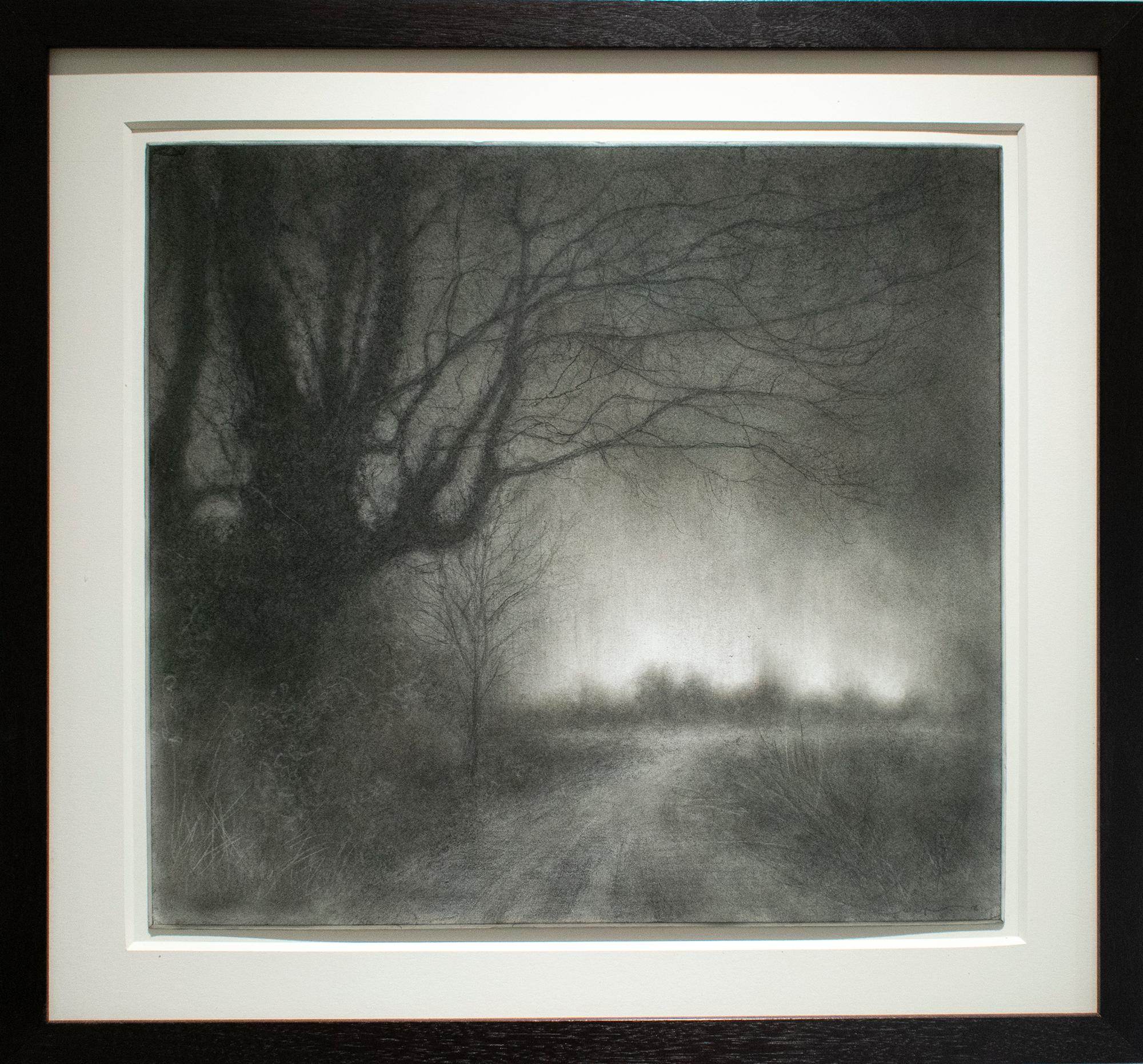 And the Rain Coming Down (Moody Charcoal Landscape Drawing of Country Road) - Painting by Sue Bryan