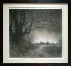 And the Rain Coming Down (Moody Charcoal Landscape Drawing of Country Road)