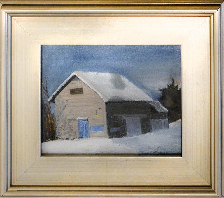 Blue Door Barn (En Plein Air Landscape Pastel Drawing of Snow & Barn in Winter) - Art by Judy Reynolds