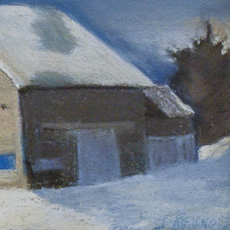 En plein air drawing of a country landscape with a snow covered barn in winter 
