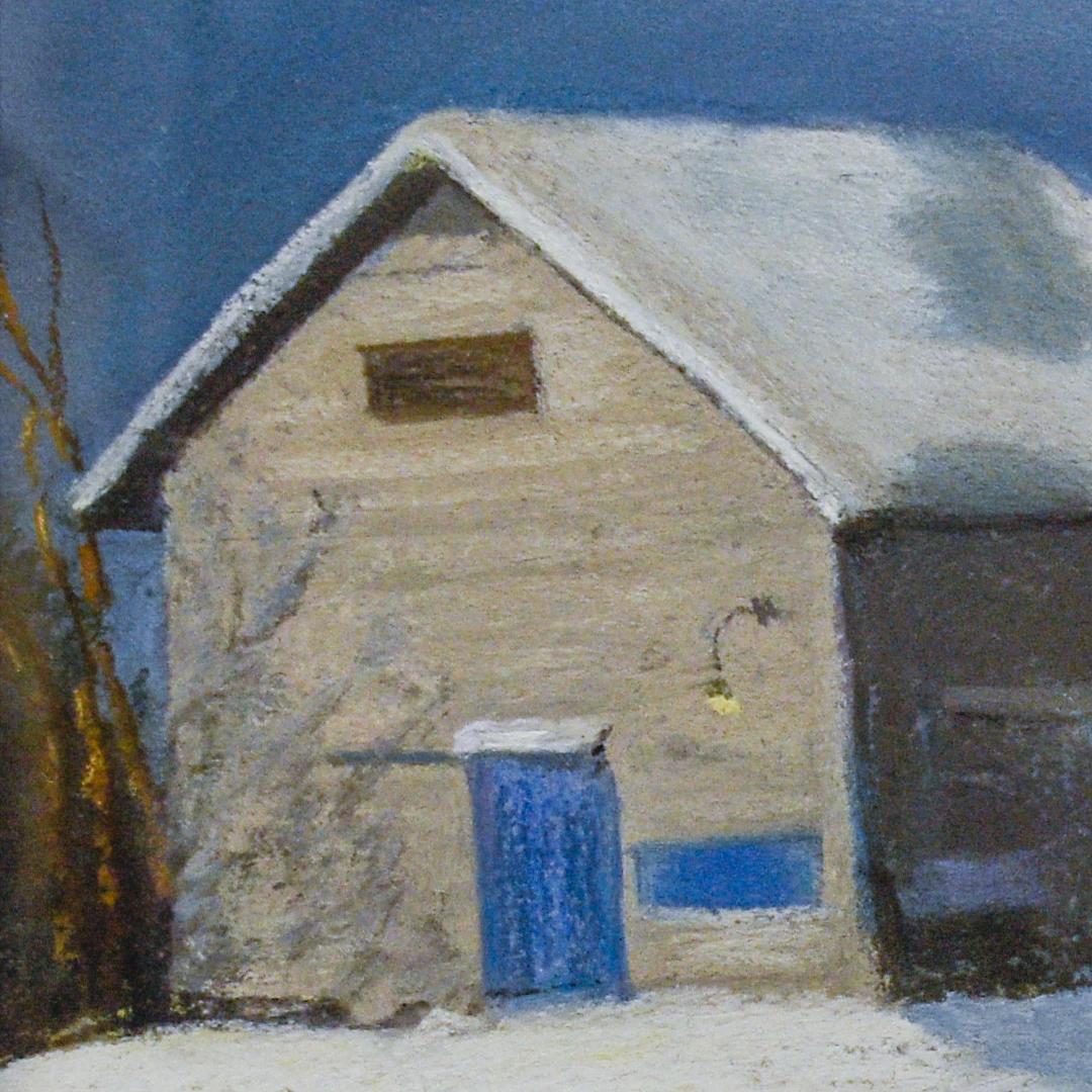 Blue Door Barn (En Plein Air Landscape Pastel Drawing of Snow & Barn in Winter) - Modern Art by Judy Reynolds
