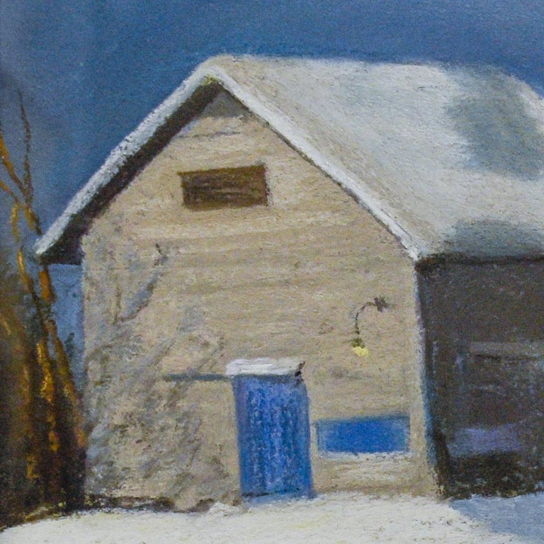 Blue Door Barn (En Plein Air Landscape Pastel Drawing of Snow & Barn in Winter) For Sale 1