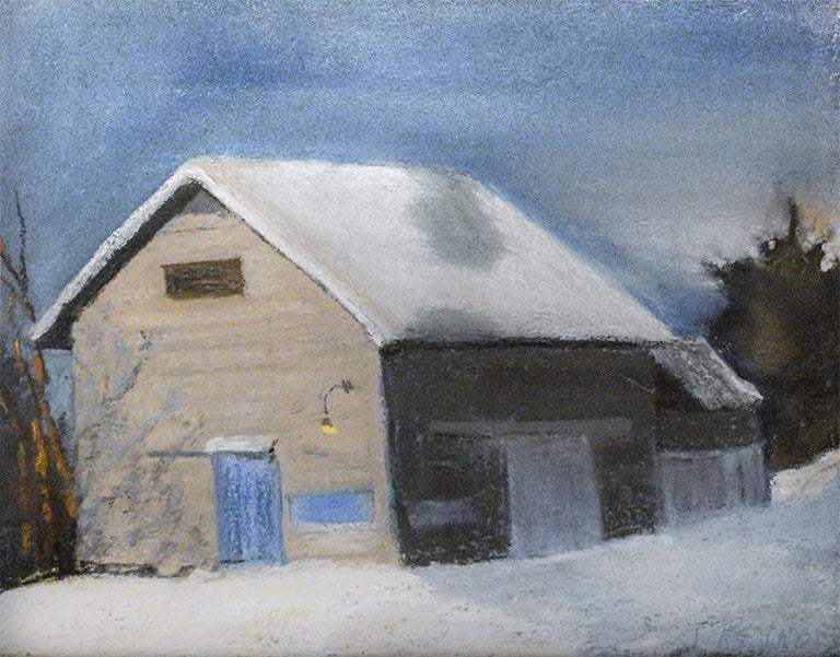 Judy Reynolds Figurative Art - Blue Door Barn (En Plein Air Landscape Pastel Drawing of Snow & Barn in Winter)