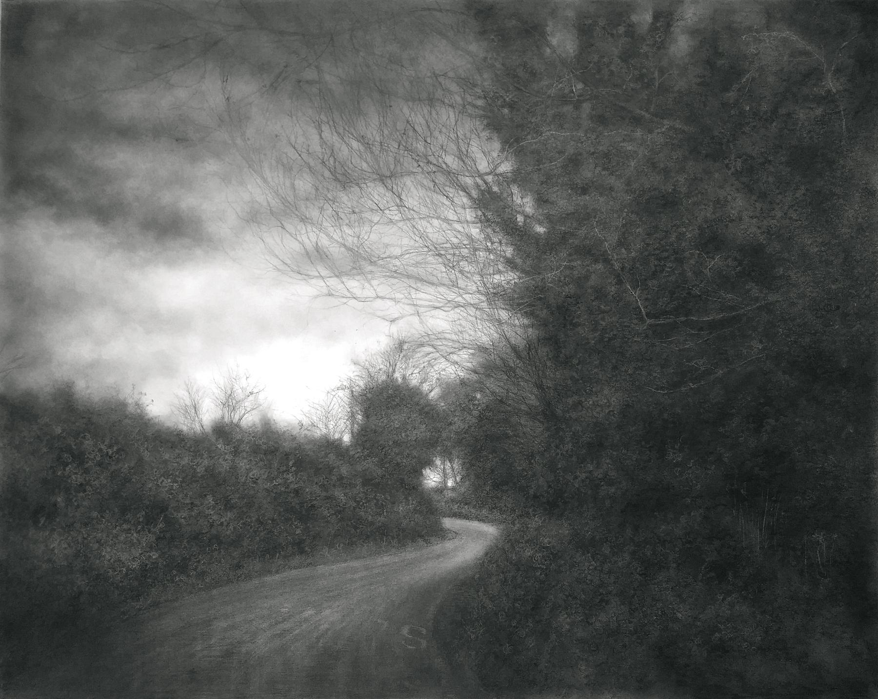 Sue Bryan Landscape Painting - The Soft Edge of the Day (Contemporary Charcoal Landscape of Country Road)