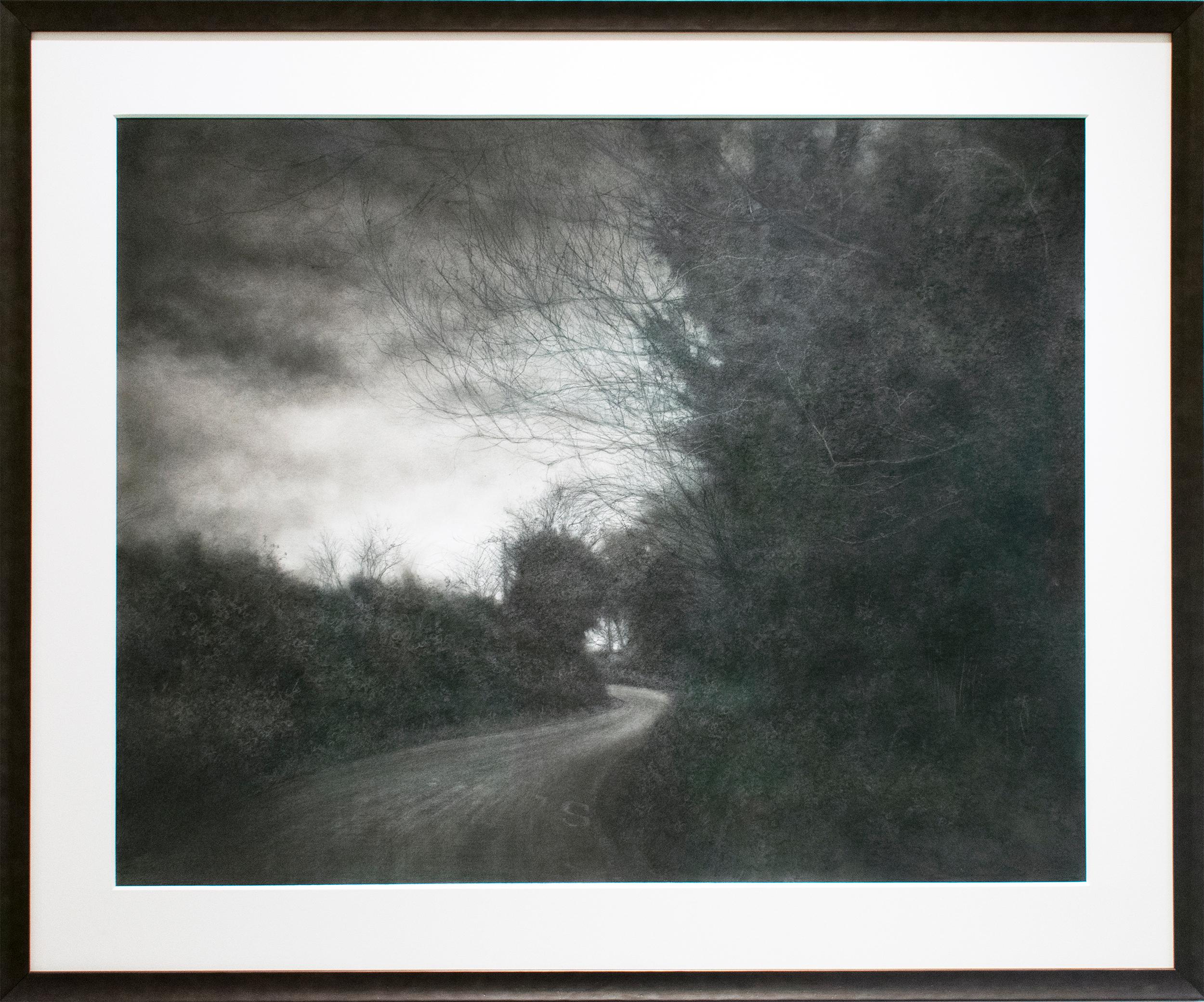 The Soft Edge of the Day (Contemporary Charcoal Landscape of Country Road) - Painting by Sue Bryan