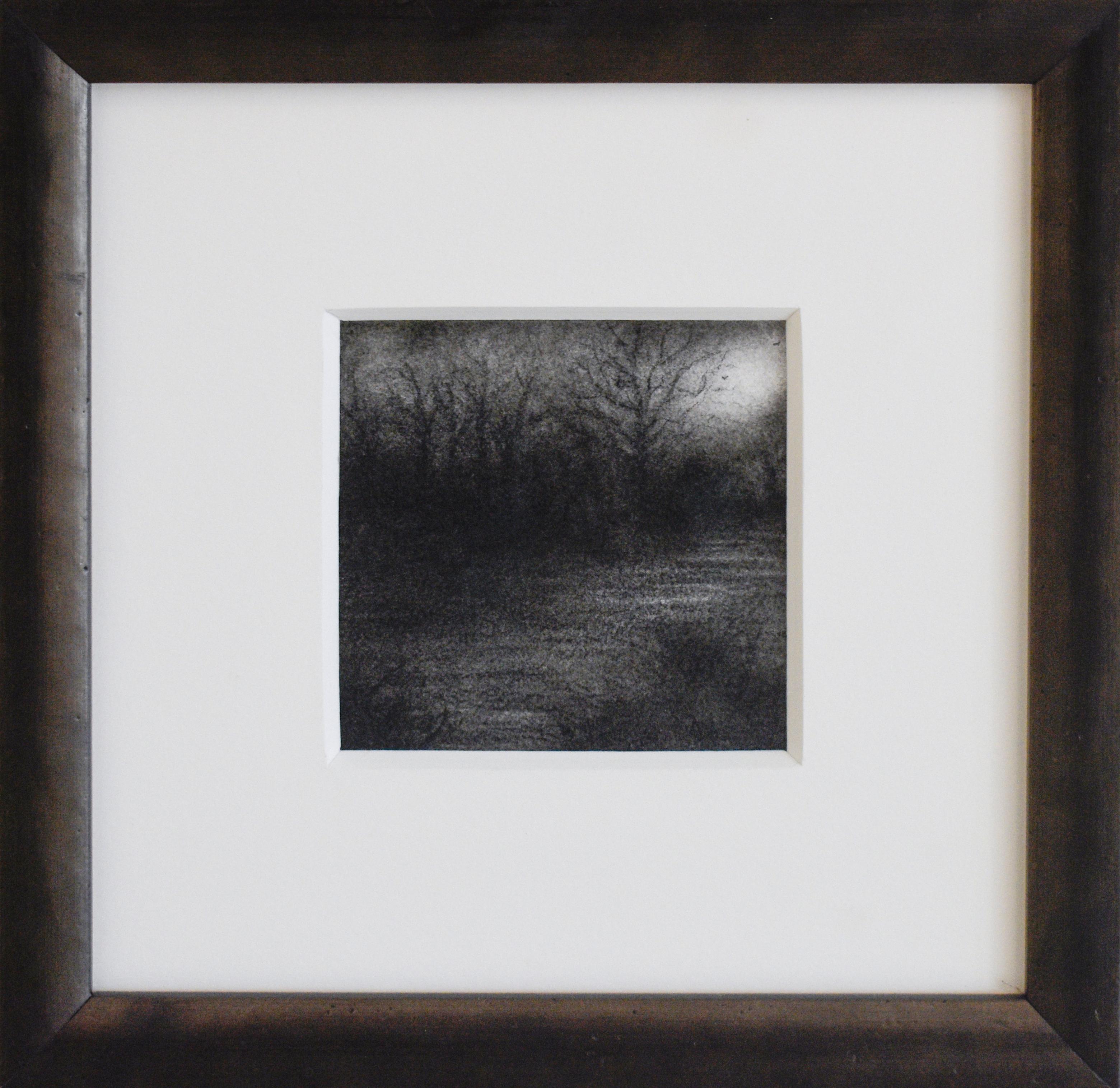Nocturne VI (Original Charcoal Landscape Drawing of Moonlit Forest, Framed) - Painting by Sue Bryan