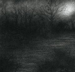 Nocturne VI (Original Charcoal Landscape Drawing of Moonlit Forest, Framed)