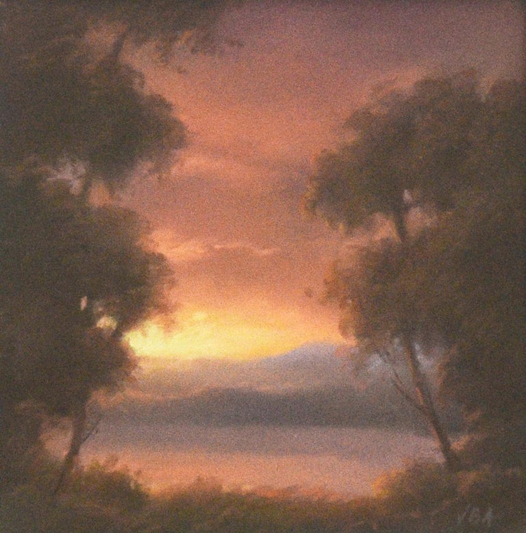 Jane Bloodgood-Abrams Landscape Painting - Hudson River Sunset (Rusty Red & Orange Landscape Drawing of Mountains & River)
