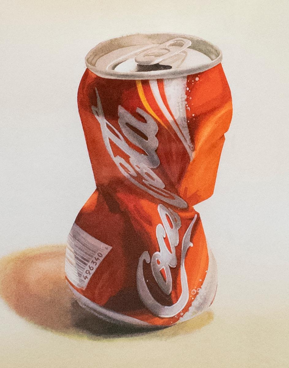 Coca Cola (fotorealistisches Aquarell-Pop-Art-Gemälde einer zerkleinerten roten Sodadose) (Beige), Still-Life Painting, von Scott Nelson Foster