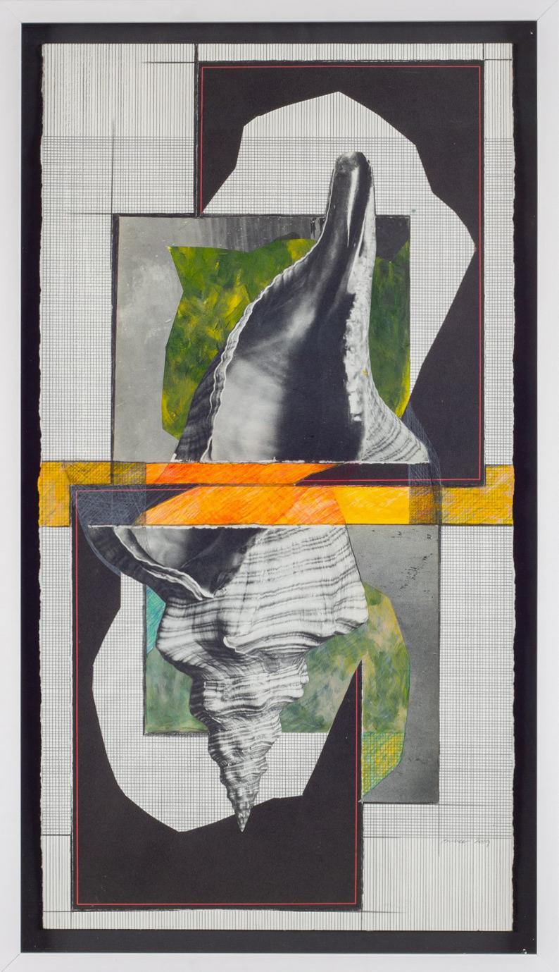 David Dew Bruner Abstract Drawing - Shell 3 (Abstract Black and White Mixed Media Grid Collage with Graphic Shell)