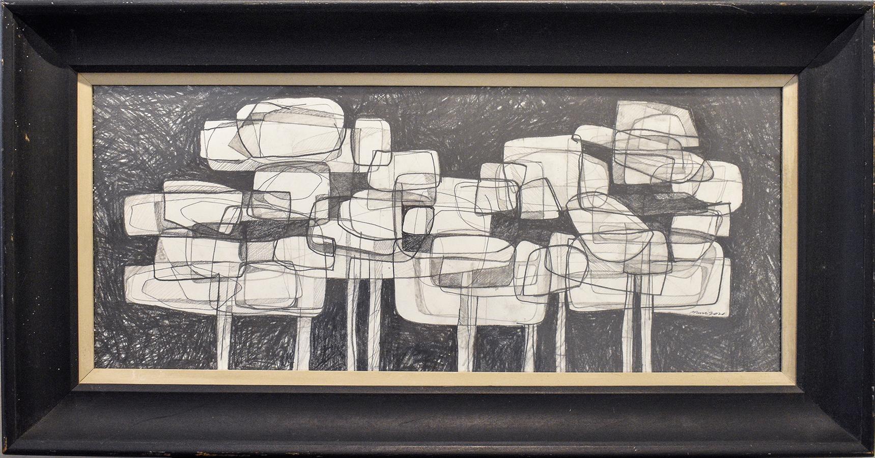 David Dew Bruner Figurative Art - Waterlilies 22 (Abstract Figurative Graphite Drawing in Antique Black Frame)