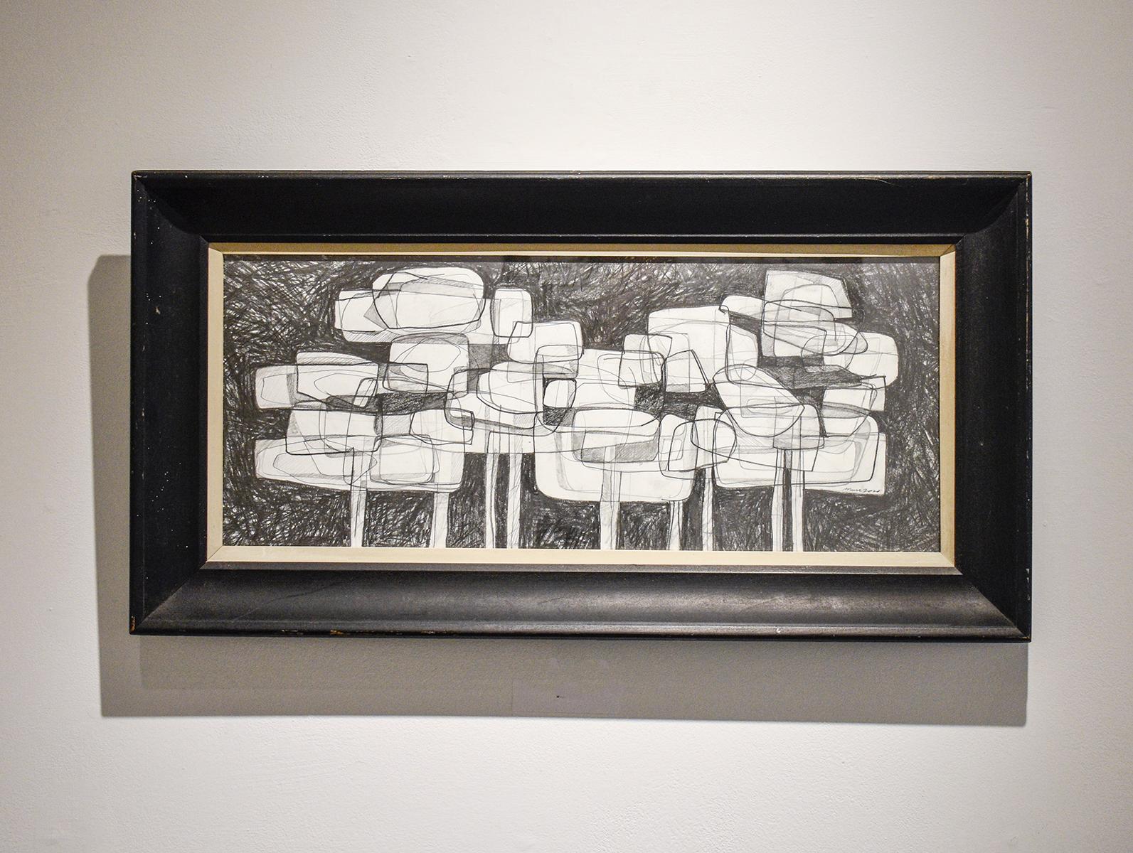 Waterlilies 22 (Abstract Figurative Graphite Drawing in Antique Black Frame) - Art by David Dew Bruner